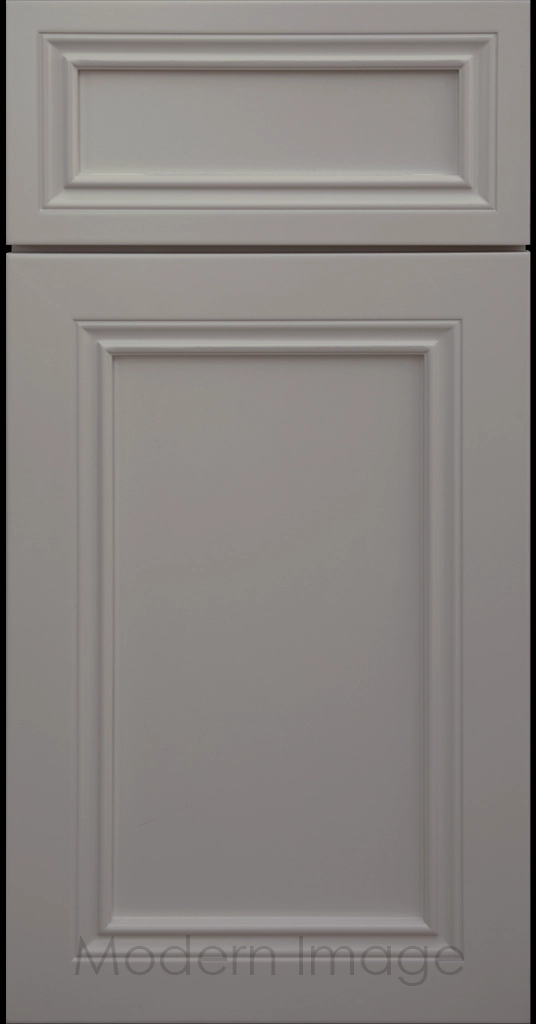 Close-up of Corona cabinets in Slate with mitered molding and flat center panel.